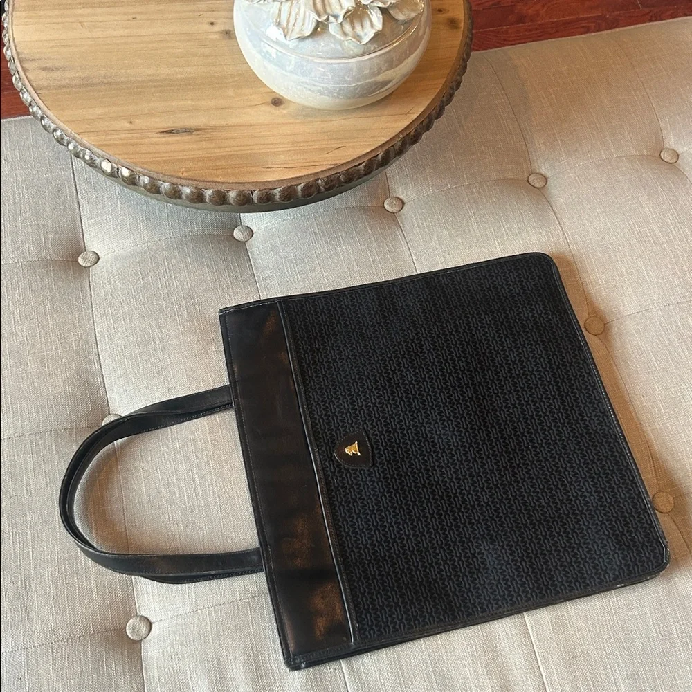 Vintage Mark Cross Black Monogram Canvas Portfolio Satchel Bag Leather Trimmed